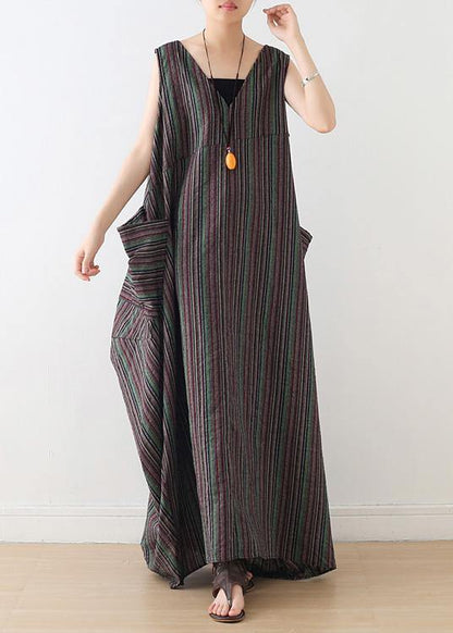 Handmade V Neck Cotton Clothes Linen Striped Maxi Dresses Summer