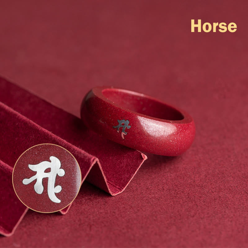 Buddha Stones Chinese Zodiac Year of the Horse Cinnabar Blessing Ring
