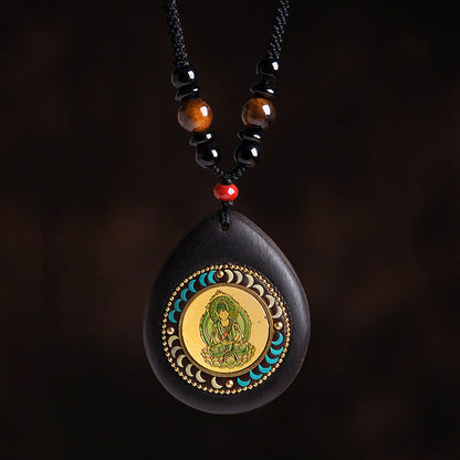 Buddha Stones Chinese Zodiac Natal Buddha Ebony Wood Tiger Eye Black Onyx Calm Necklace Pendants