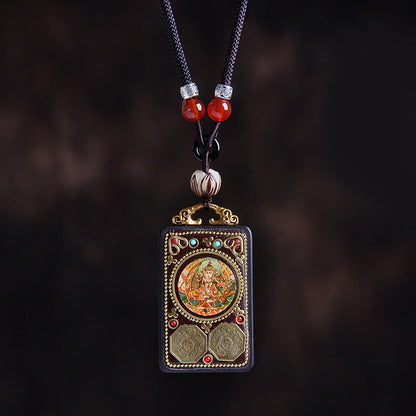 Buddha Stones Thangka Yin Yang Copper Coins Ebony Wood Zakiram Balance Pendant Necklace