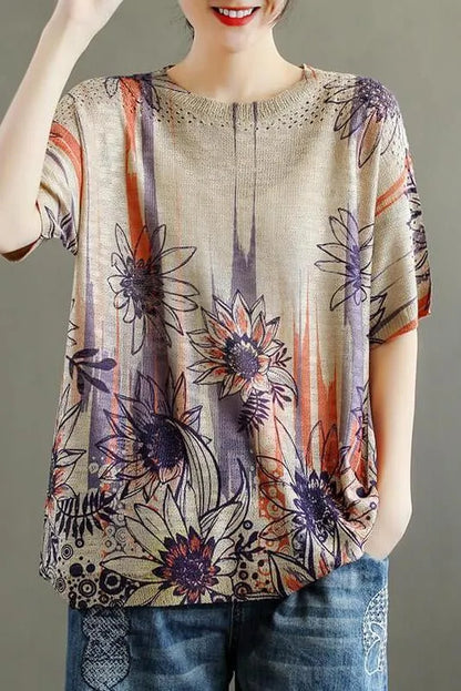 Hollow Out Knitted Print O Neck Short Sleeve T-shirt