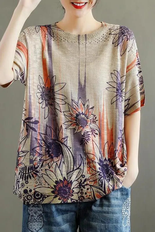 Hollow Out Knitted Print O Neck Short Sleeve T-shirt
