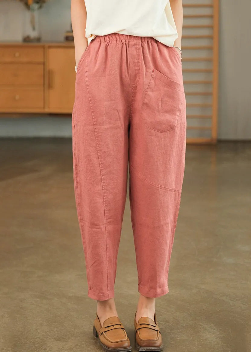Loose Pink Pockets Linen Crop Pants Summer