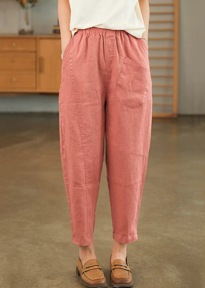 Loose Pink Pockets Linen Crop Pants Summer