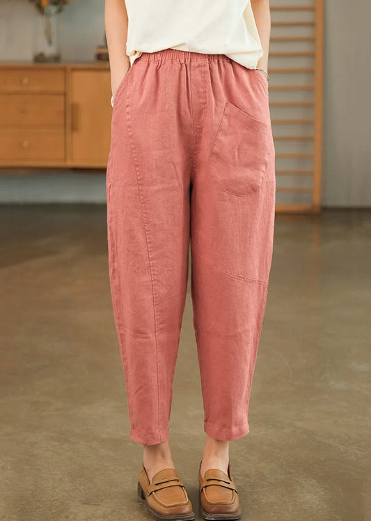 Loose Pink Pockets Linen Crop Pants Summer