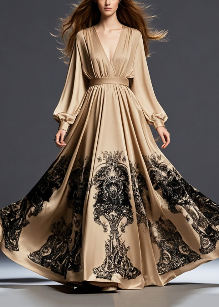 Brown Cinched Print Exra Large Hem Silk Long Dress Fall