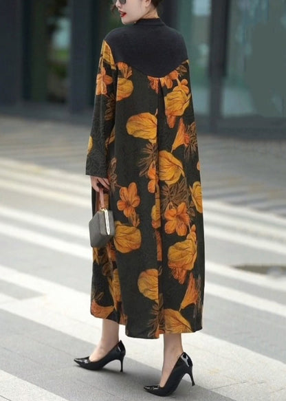 Yellow Button Print Silk Long Dresses Fall
