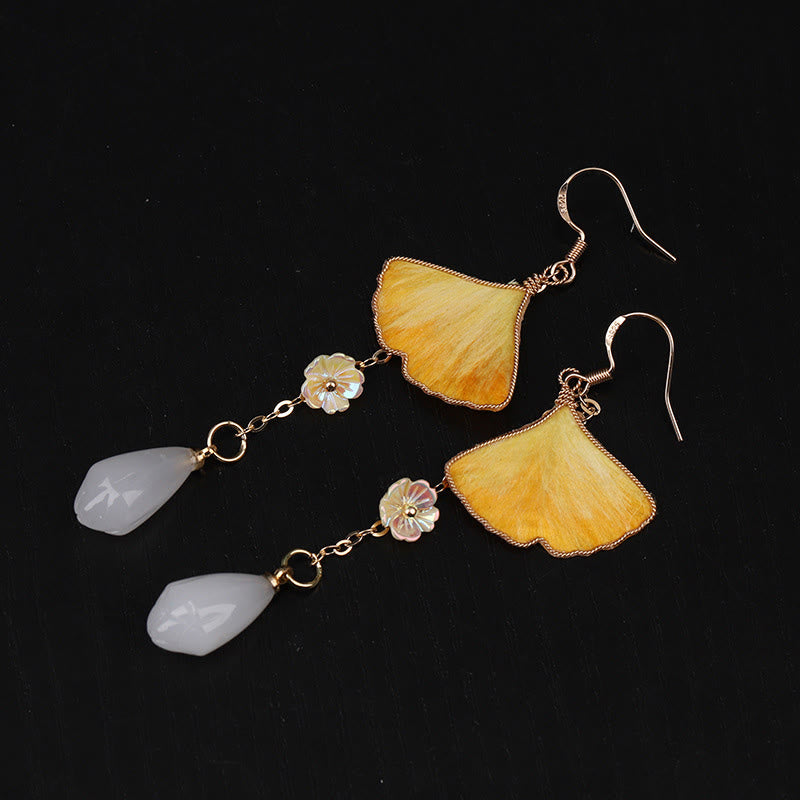 Buddha Stones Handmade Silk Craft Yellow Ginkgo Leaf Copper Hook Good Fortune Dangle Earrings