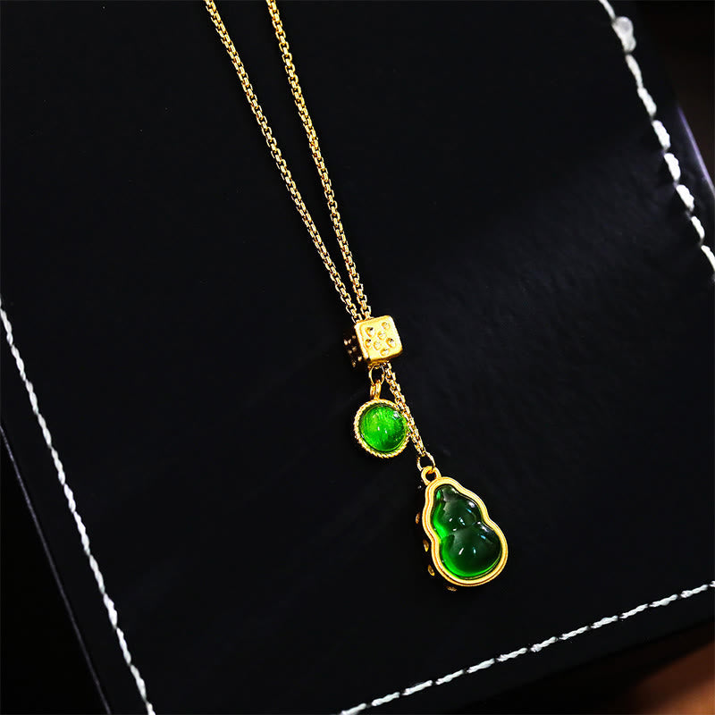Buddha Stones Gourd Green Agate Copper Inlaid Design Luck Necklace Pendant