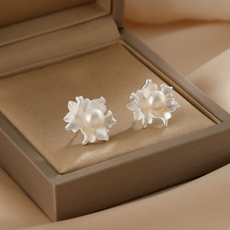 Buddha Stones Natural Pearl Copper Flower Healing Stud Earrings