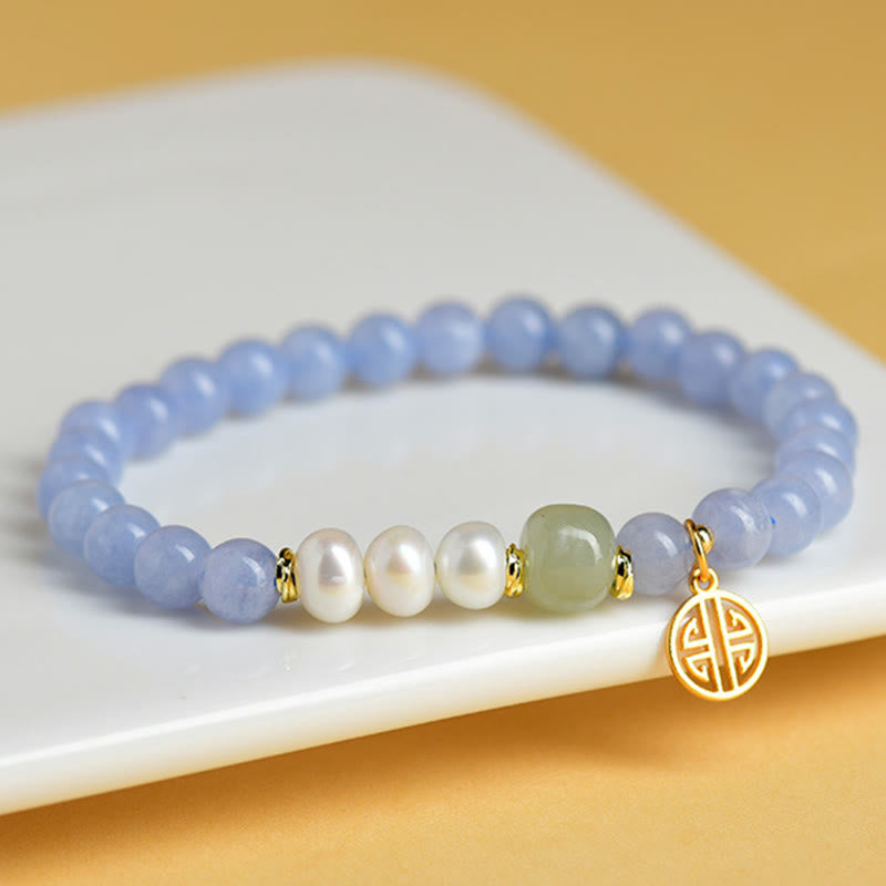Buddha Stones Blue Chalcedony Pearl Beads Energy Bracelet