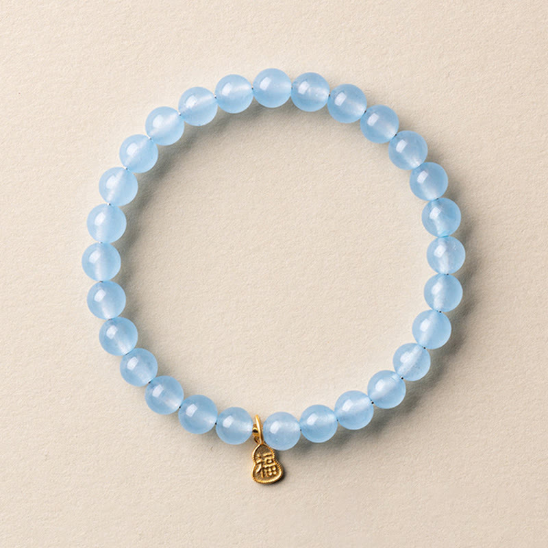 Buddha Stones Natural Aquamarine Fu Character Lucky Fortune Healing Bracelet