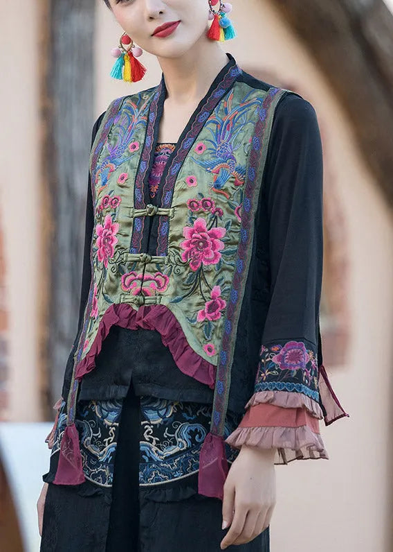 Green V Neck Embroidered Button Satins Waistcoat Spring