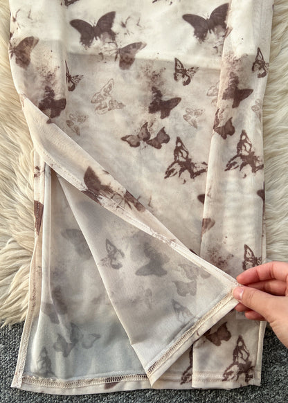 Beige Butterfly Side Open Tulle Summer Dress