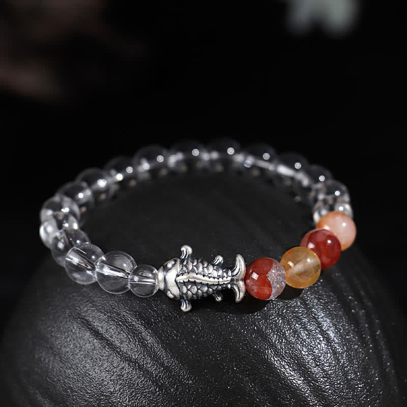 Buddha Stones Clear Quartz 999 Sterling Silver Koi Fish Protection Bracelet