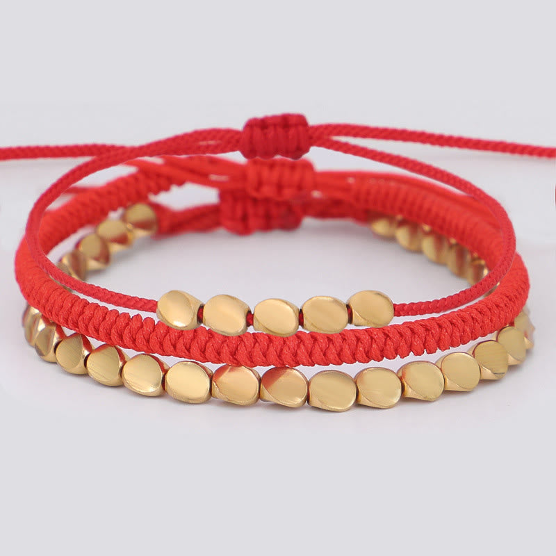 Buddha Stones 3pcs Golden Copper Beads Red String Luck Bracelet