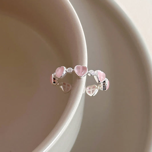Buddha Stones 925 Sterling Silver Pink Cat's Eye Heart Design Adjustable Love Ring