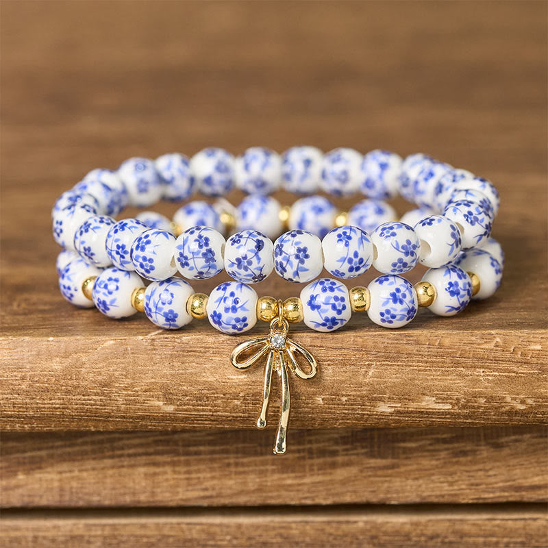 Buddha Stones Blue and White Pink Porcelain Beaded Bowknot Beaded Inner Peace Bracelet