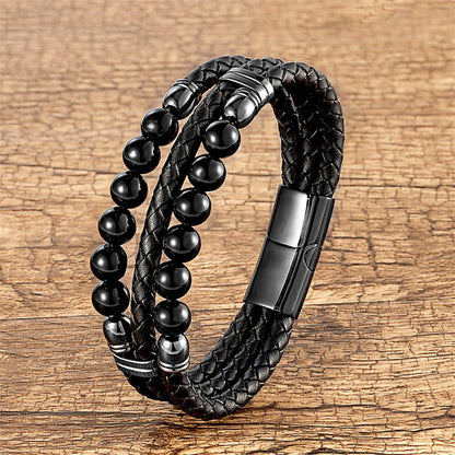 Buddha Stones Tiger Eye Hematite Lava Rock Black Onyx Lazurite Lapis Lazuli Beads Protection Strength Leather Bracelet