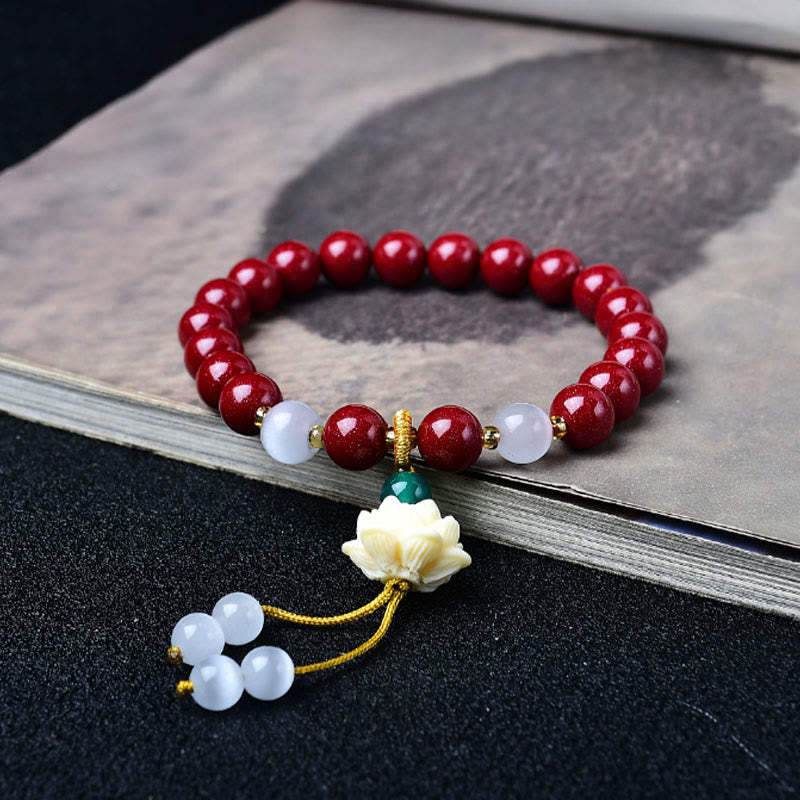Buddha Stones Natural Cinnabar Cat's Eye Ivory Fruit Lotus Charm Blessing Bracelet