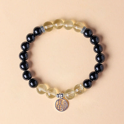 Buddha Stones Black Onyx Fu Character Beaded Luck Bracelet