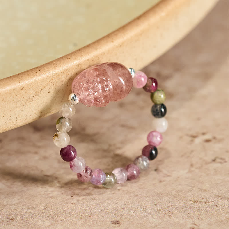 Buddha Stones 3mm Mini Beads Natural Moonstone Tourmaline Garnet Pearl Strawberry Quartz Pixiu Healing Elastic Ring