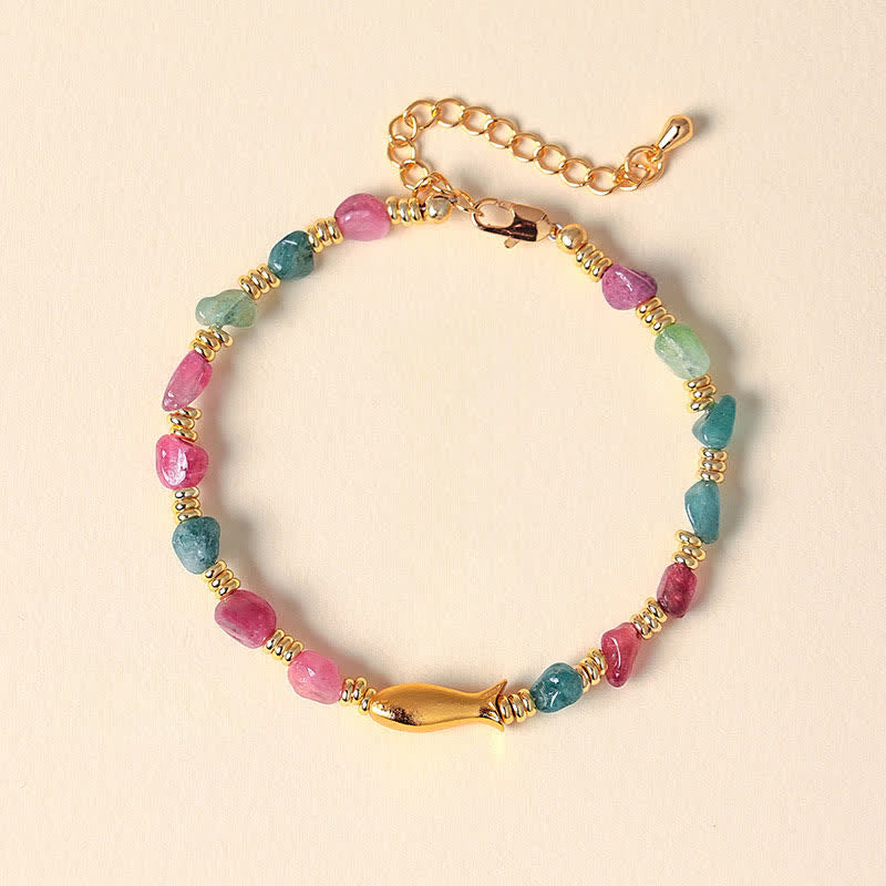 Buddha Stones Rainbow Tourmaline Koi Fish Positive Rough Cut Bracelet