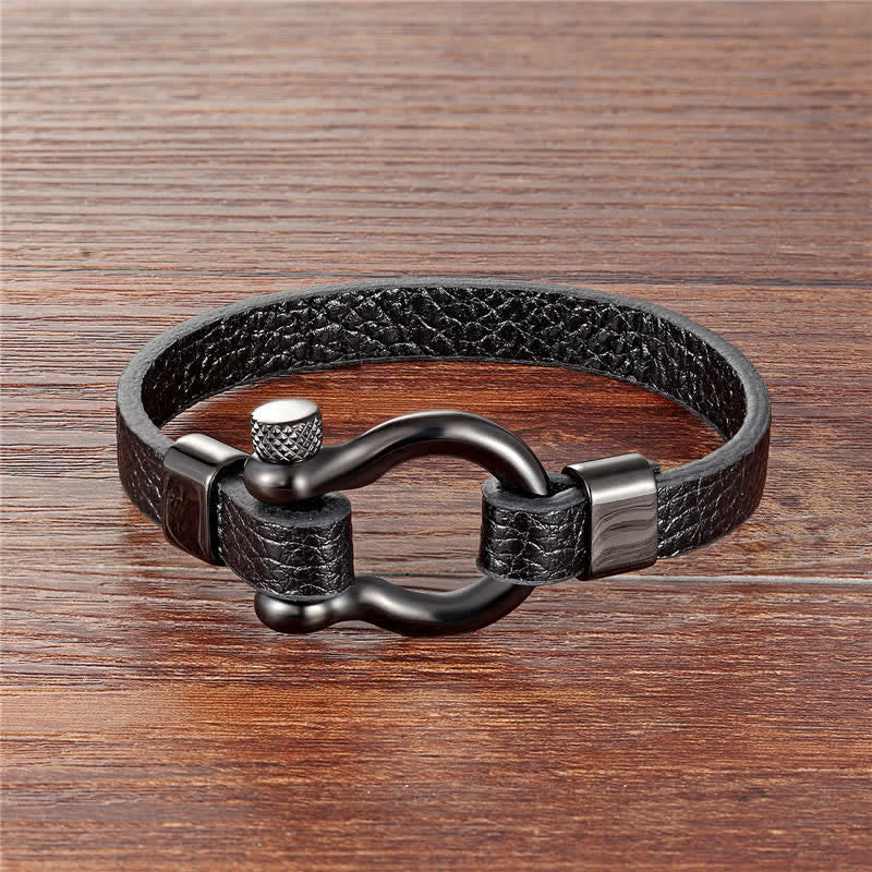 Buddha Stones Leather Titanium Steel Shackle Strength Bracelet