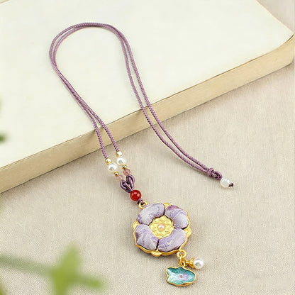Buddha Stones Song Brocade Four-leaf Clover Luck Necklace
