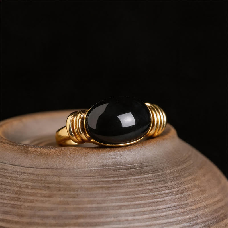 Buddha Stones Oval Pattern Hematite Support Adjustable Ring