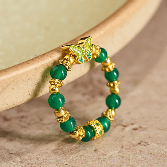 Buddha Stones Natural Green Agate Bead Copper Butterfly Renewal Ring