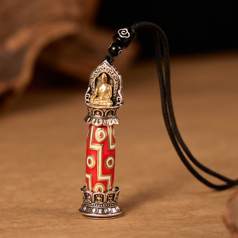 Buddha Stones Copper Nine-eye Dzi Bead Pattern Protection Tibetan Charm Necklace Pendant