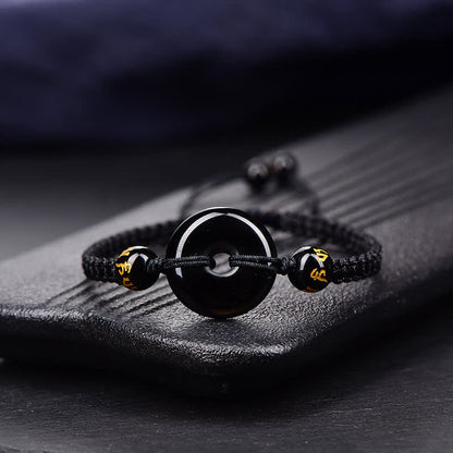 Buddha Stones Black Obsidian Peace Buckle Protection Braided Bracelet