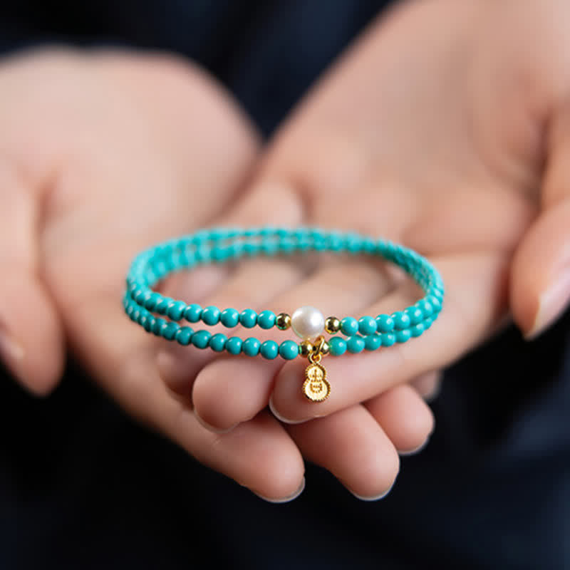 Buddha Stones Turquoise Pearl Gourd Pendant Double Wrap Protection Handmade Bracelet