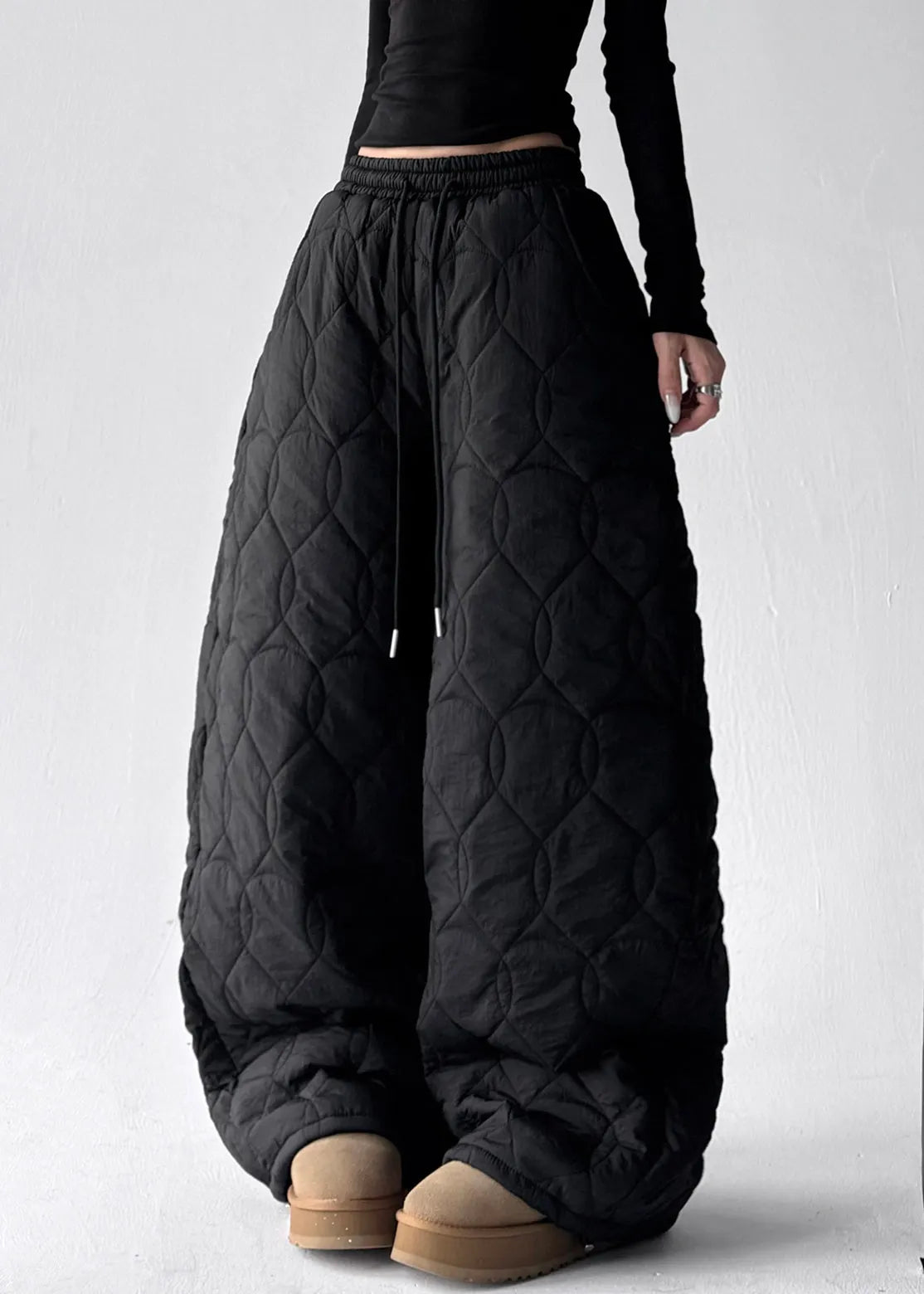 Modern Black Pockets Elastic Waist Cotton Filled Pants Winter