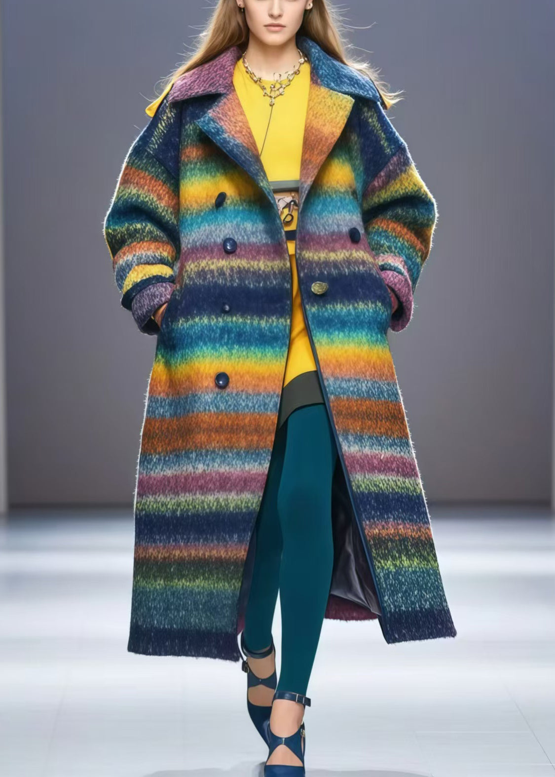 Rainbow Oversized Double Breast Woolen Coats Fall