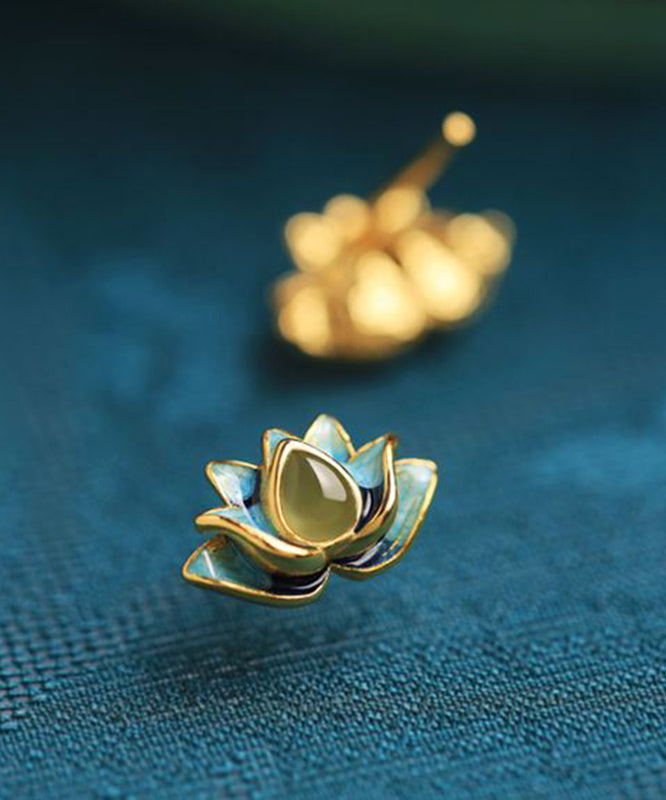 Gradient Color Blue Sterling Silver Jade Enamel Lotus Stud Earrings