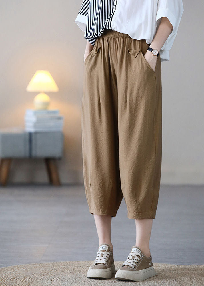 Khaki Elastic Waist Color Pockets Cotton Harem Pants Summer
