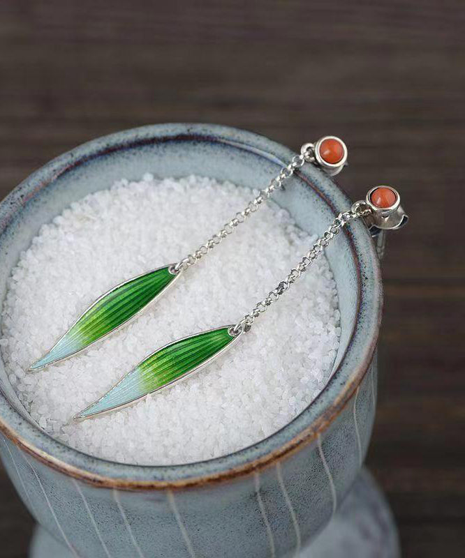 Retro Green Sterling Silver Agate Cloisonne Enamel Bamboo Leaf Drop Earrings