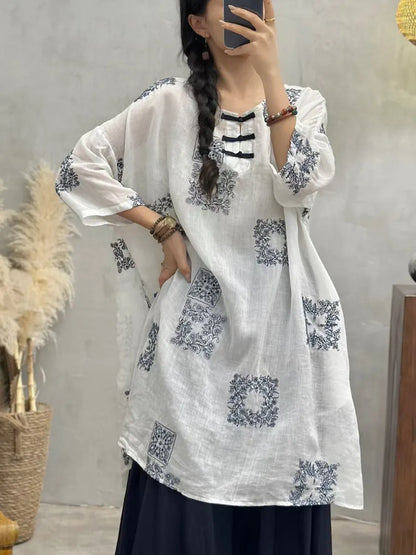 Summer Embroidery Long Ramie Shirt