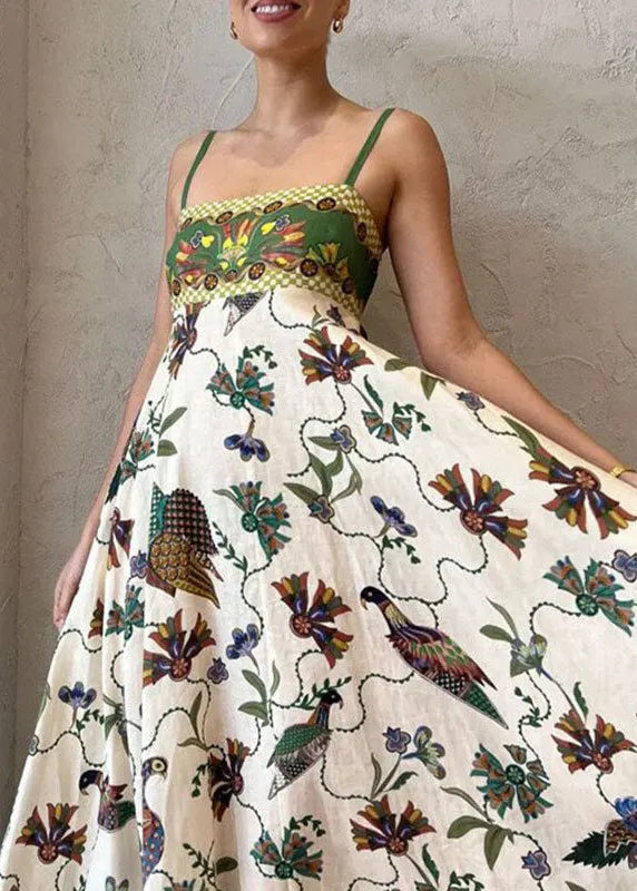 Green Print Pockets Patchwork Cotton Spaghetti Strap Dress Sleeveless