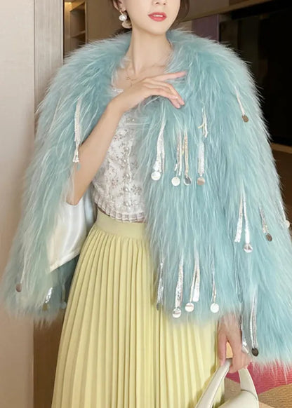 Pink O-neck Tassel Leather and Fur Coats Winter