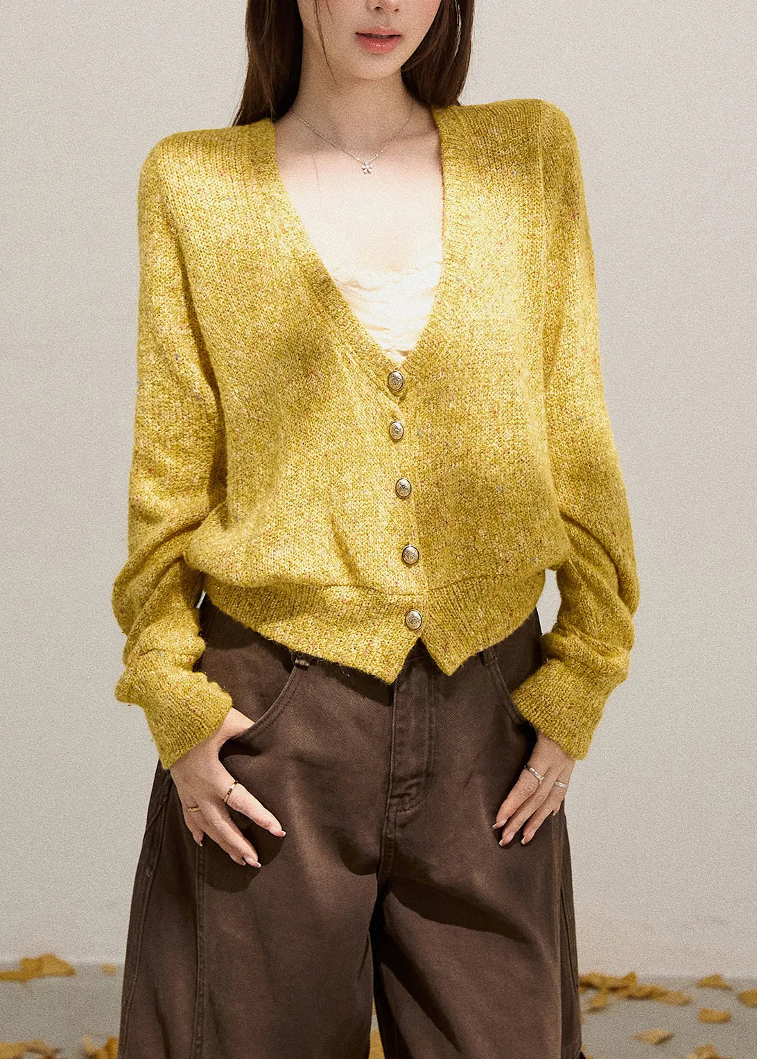 Yellow V Neck Button Down Knit Cardigans Fall