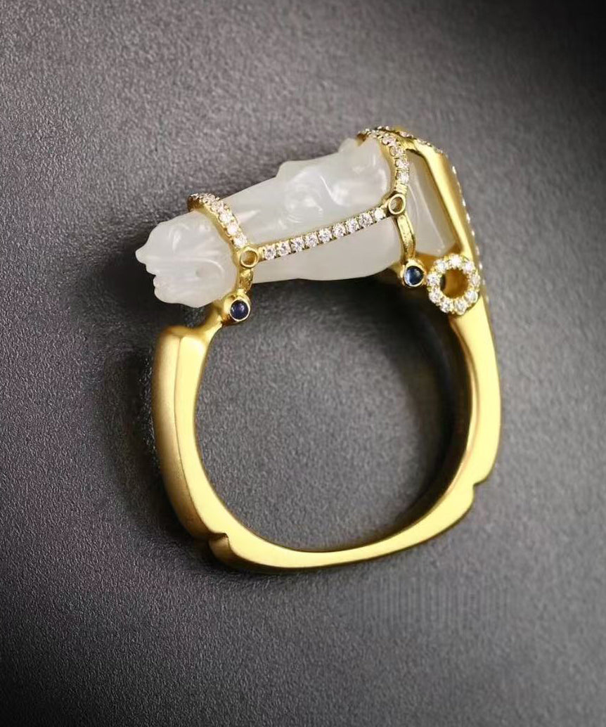 Gold Horse Head Jade Zircon 14k Gold Rings