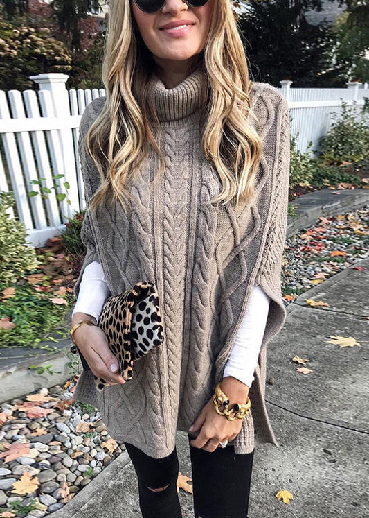 Grey Hign Neck Thick Knit Sweaters Batwing Sleeve