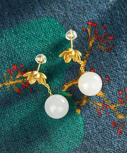 Skinny White Ancient Gold Jade Drop Earrings