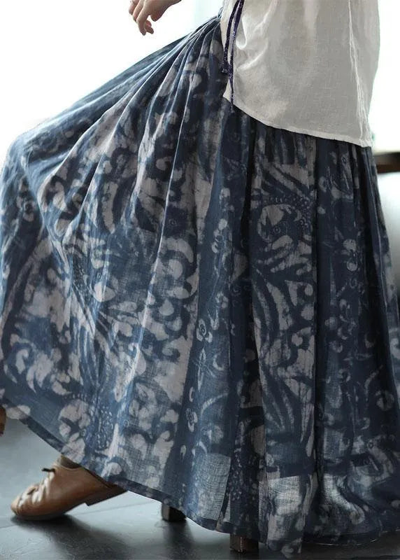 Pink-pumpkin Print Ramie Elastic Waist Skirt