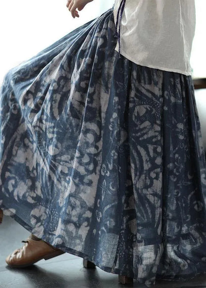 Brown-pumpkin Print Ramie Elastic Waist Skirt