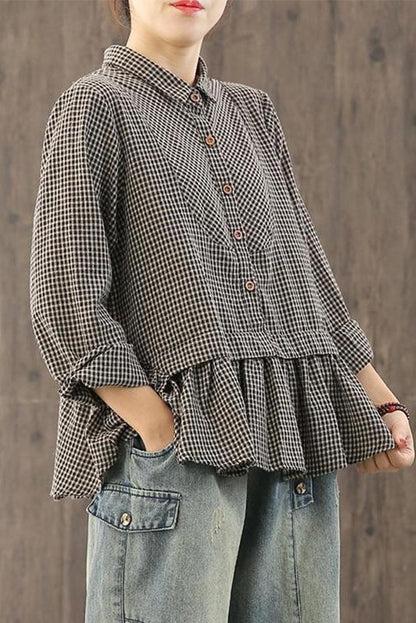 Limited Stock- Loose Plaid Ruffle Splicing Cotton Linen Shirt
