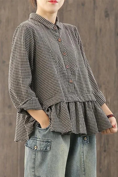 Limited Stock- Loose Plaid Ruffle Splicing Cotton Linen Shirt
